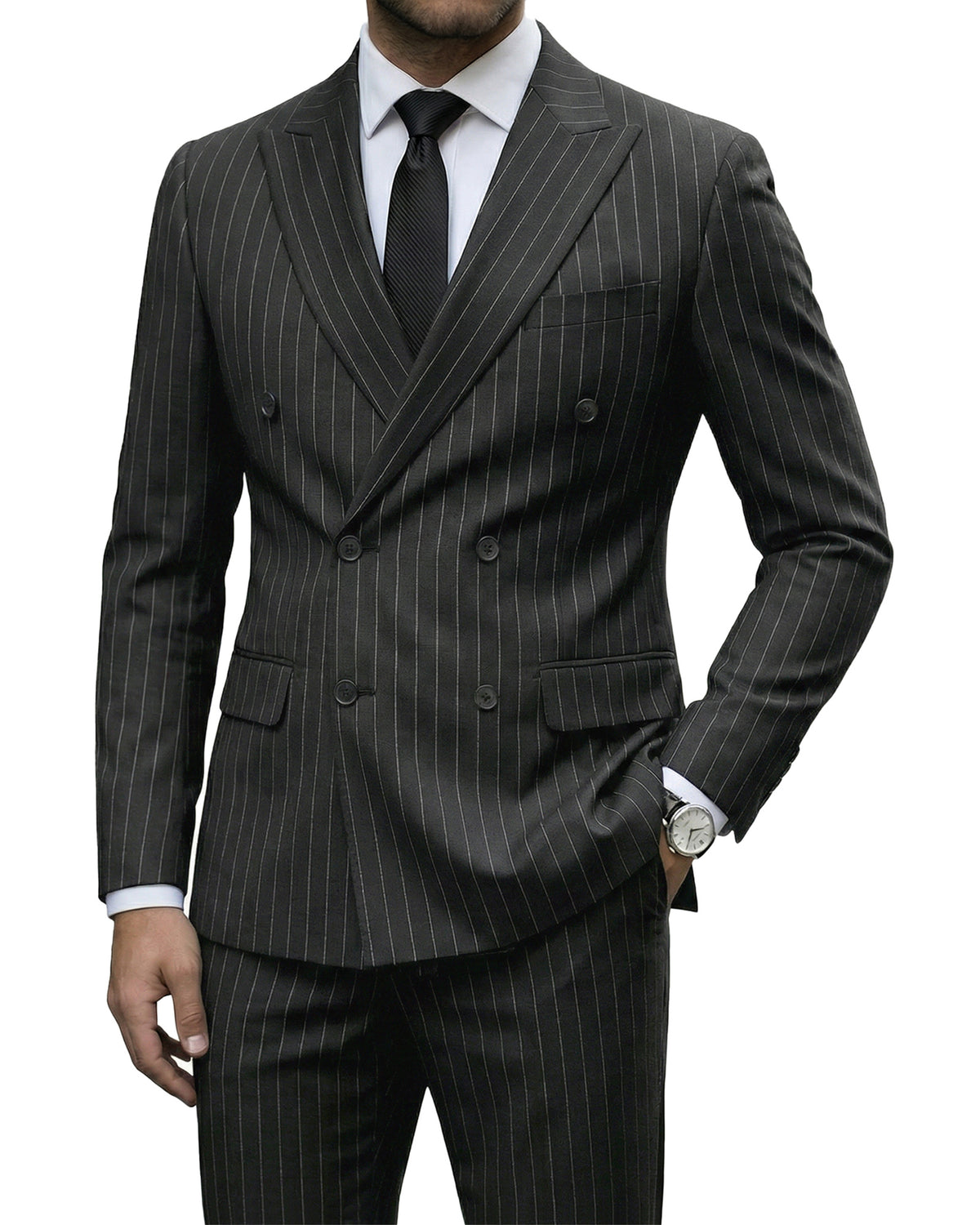 two-button suit jacket with a matching vest and pants
