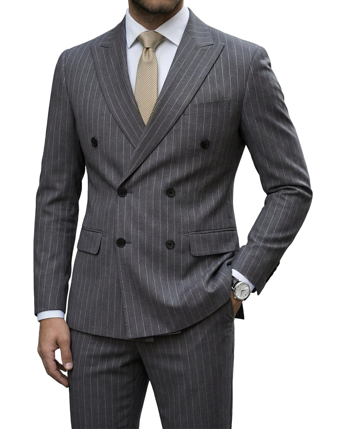 two-button suit jacket with a matching vest and pants