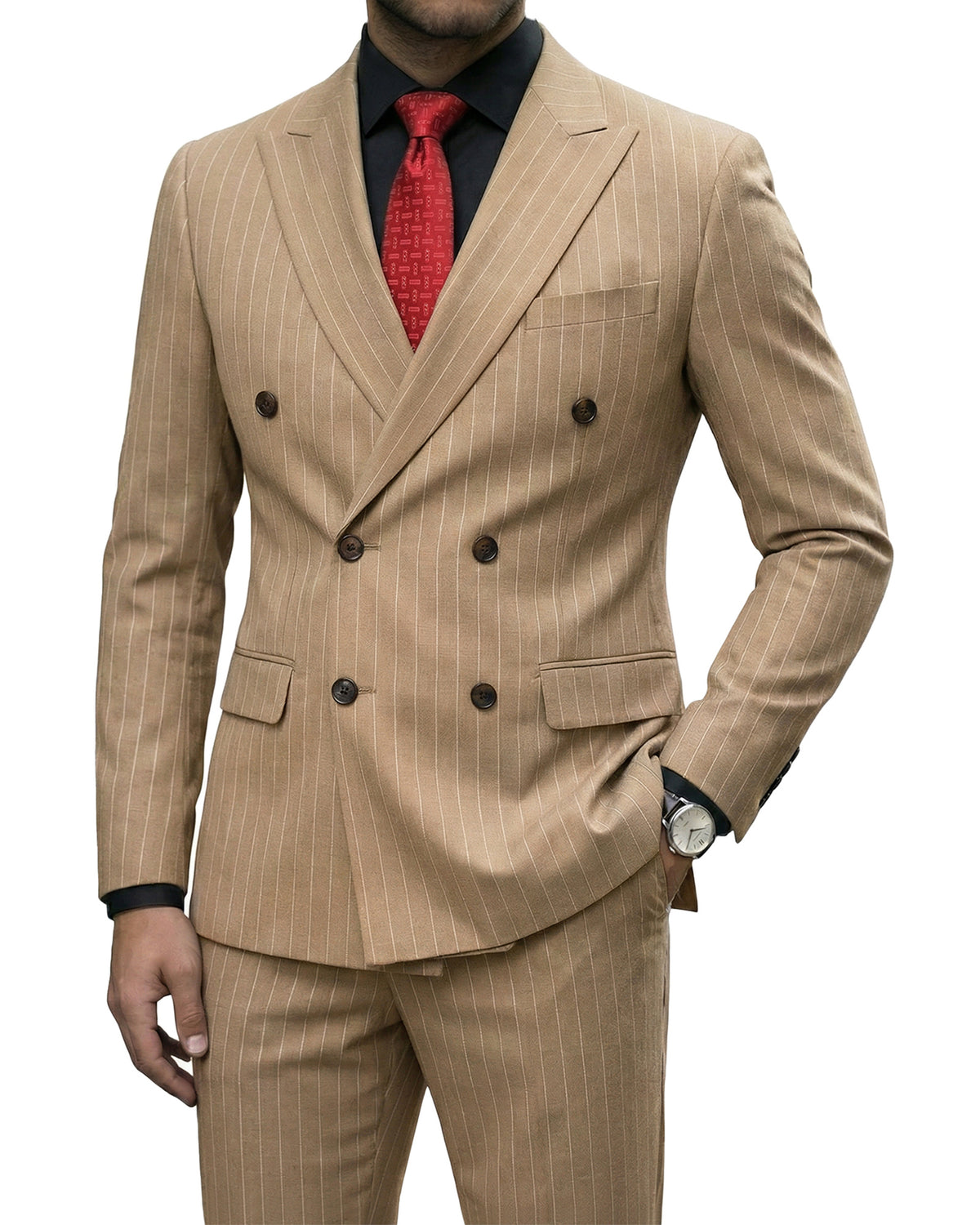 two-button suit jacket with a matching vest and pants