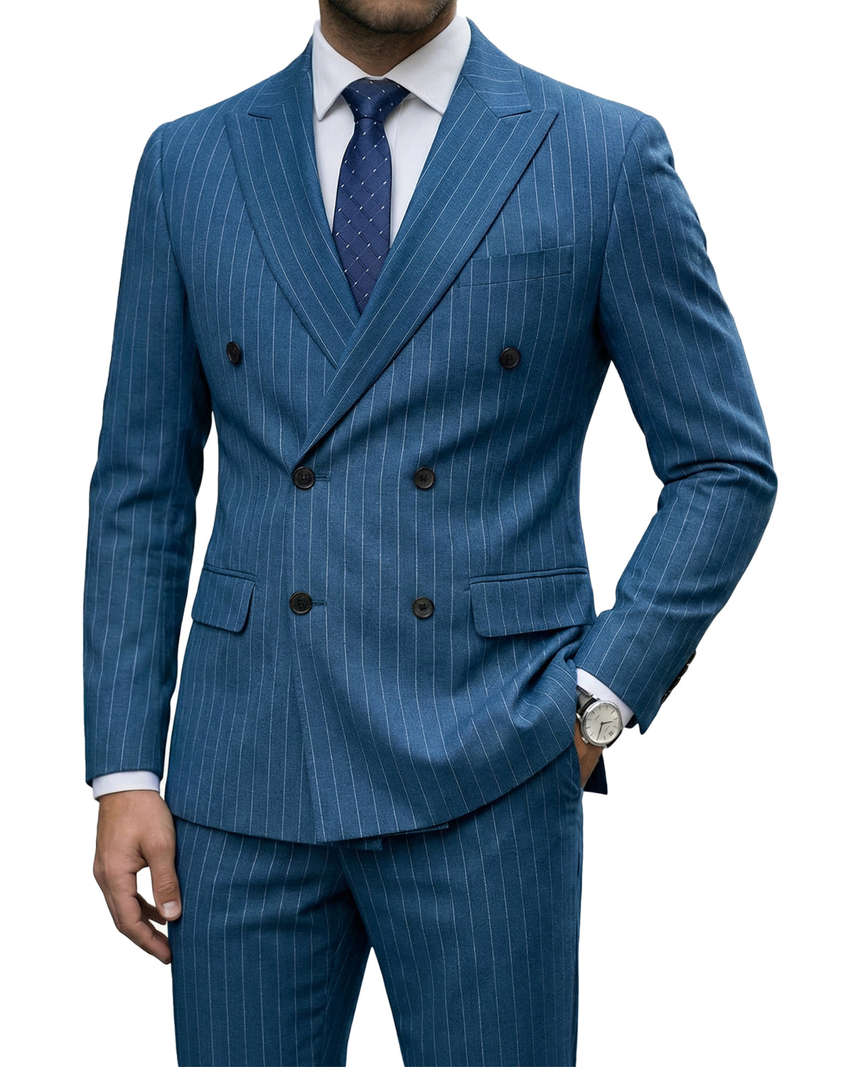 two-button suit jacket with a matching vest and pants