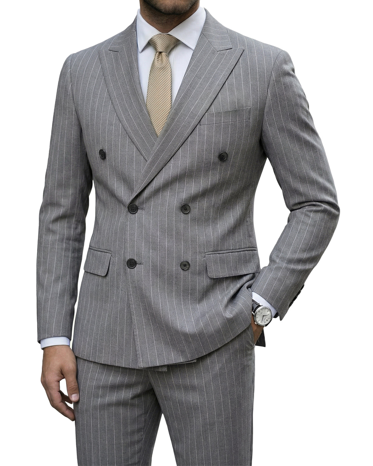 two-button suit jacket with a matching vest and pants