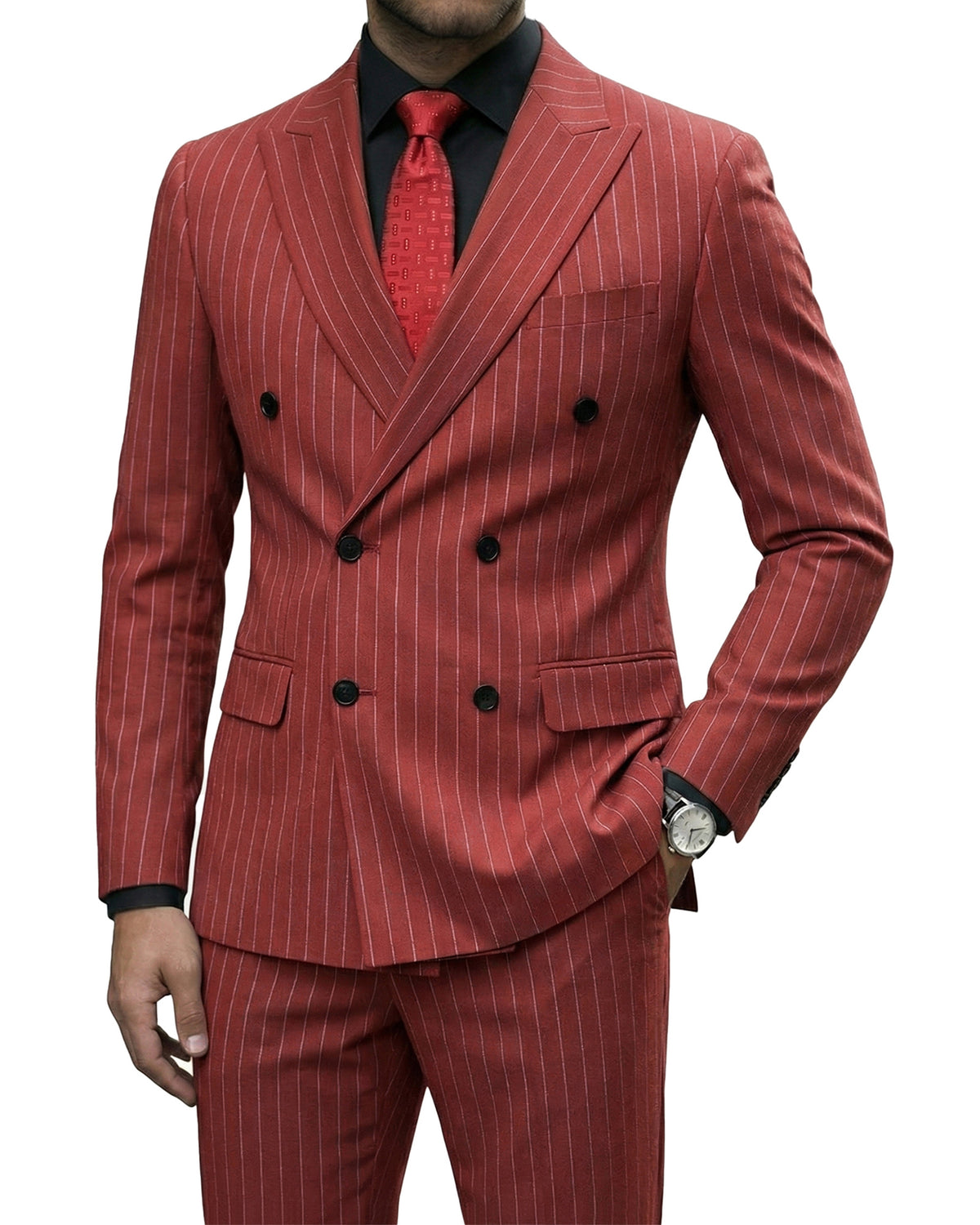 two-button suit jacket with a matching vest and pants