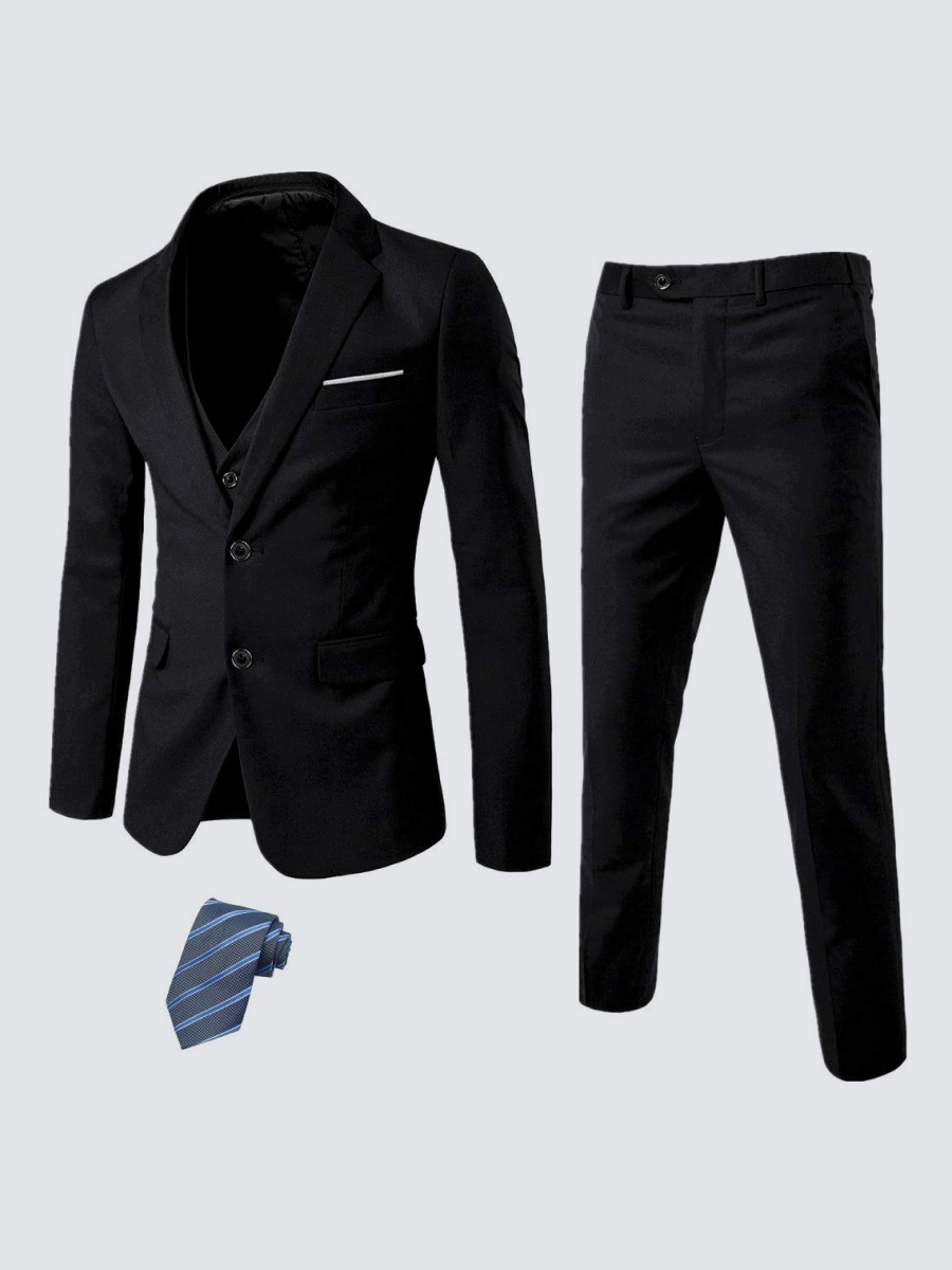 YND Men's Slim Fit 2 Button 3 Piece Suit Set, Solid Blazer Jacket Vest Pants & Tie