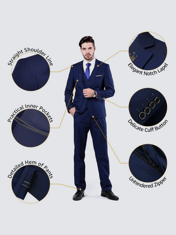 YND Men's Slim Fit 2 Button 3 Piece Suit Set, Solid Blazer Jacket Vest 18